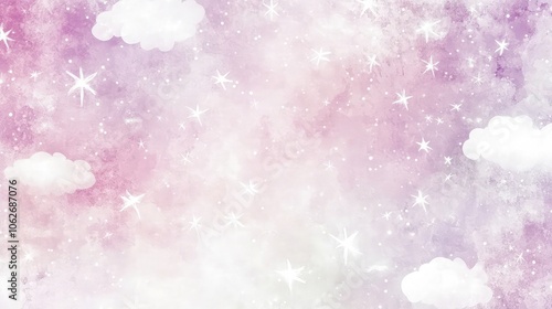 Light, dreamy watercolor texture with soft pink and lavender, scattered with white stars and cloud-like patterns for a heavenly, ethereal design.