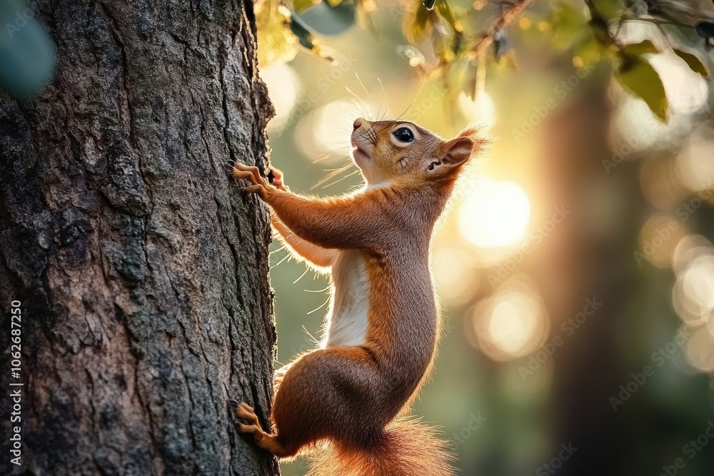 A quick and agile squirrel climbing up a tall tree trunk A quick and agile squirrel climbing up a tall tree trunk