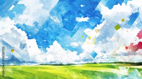 An abstract summer landscape in watercolor with geometric cloud shapes, a green field broken by jagged color splashes, and a bright blue sky, mixing natural and modern design.