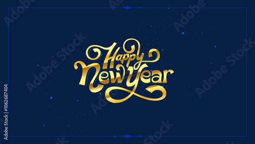 Elegant Gold Happy New Year Text Design on a Dark Blue Background for Greeting Cards, Social Media, Print Materials, Event Decor, and Website Banners