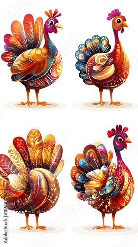 Colorful decorative turkeys with vibrant plumage and unique patterns. photo