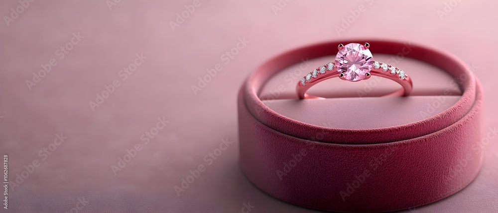 Close up of a sparkling diamond engagement ring displayed in an open red velvet ring box against a soft pink and lavender gradient background Close up of a sparkling diamond engagement ring displayed in an open red velvet ring box against a soft pink and lavender gradient background