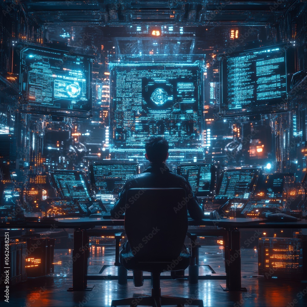 A man sits in front of many computer monitors. Ideal for technology and business concepts A man sits in front of many computer monitors. Ideal for technology and business concepts