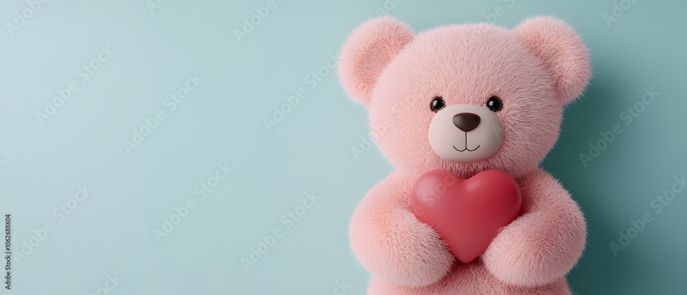 Closeup of a soft fluffy pink teddy bear plush toy sitting and holding a heart shaped red gift or present against a pastel blue background Concept of love romance Closeup of a soft fluffy pink teddy bear plush toy sitting and holding a heart shaped red gift or present against a pastel blue background Concept of love romance