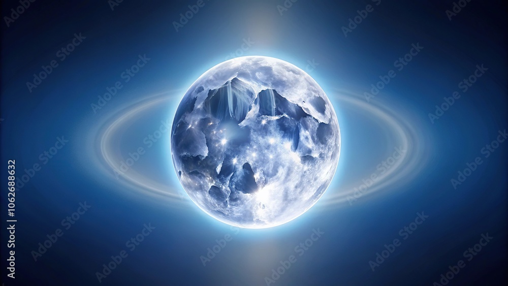 Close-up of a full moon with a halo of light against a dark blue background, illuminating, texture, halo Close-up of a full moon with a halo of light against a dark blue background, illuminating, texture, halo