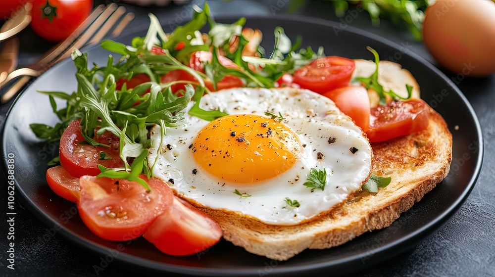 Fried Egg with Toasted Bread, Tomatoes, and Arugula Fried Egg with Toasted Bread, Tomatoes, and Arugula