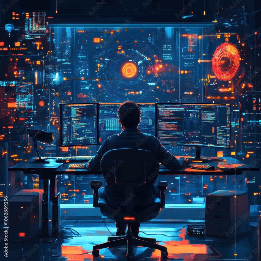 A man sits in front of many computer monitors. Ideal for technology and business concepts A man sits in front of many computer monitors. Ideal for technology and business concepts