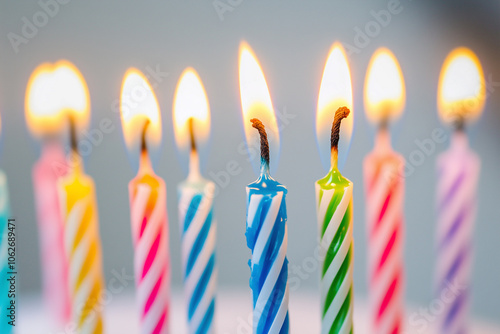 Colored thin burning birthday candles. White background. Holiday candles for cake. Happy birthday card.