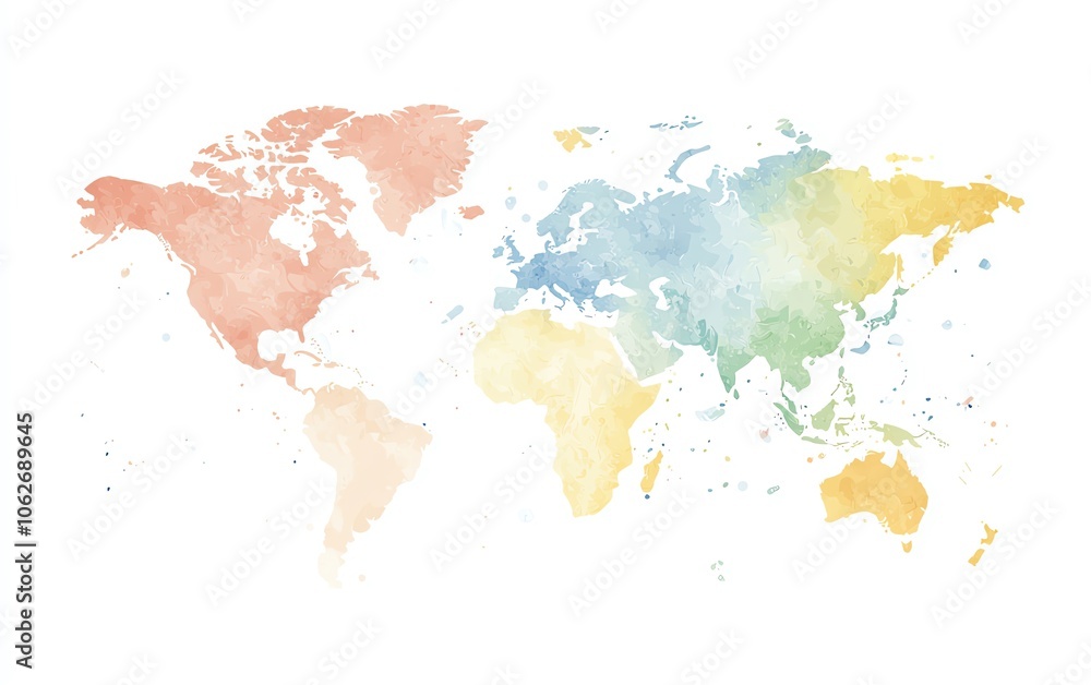 Fototapeta premium Colorful watercolor world map with soft pastel tones, white isolated background.