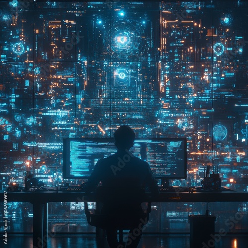 A man sits in front of many computer monitors. Ideal for technology and business concepts