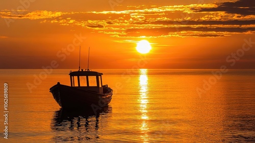 Serene Sunset Over Calm Waters with Fishing Boat