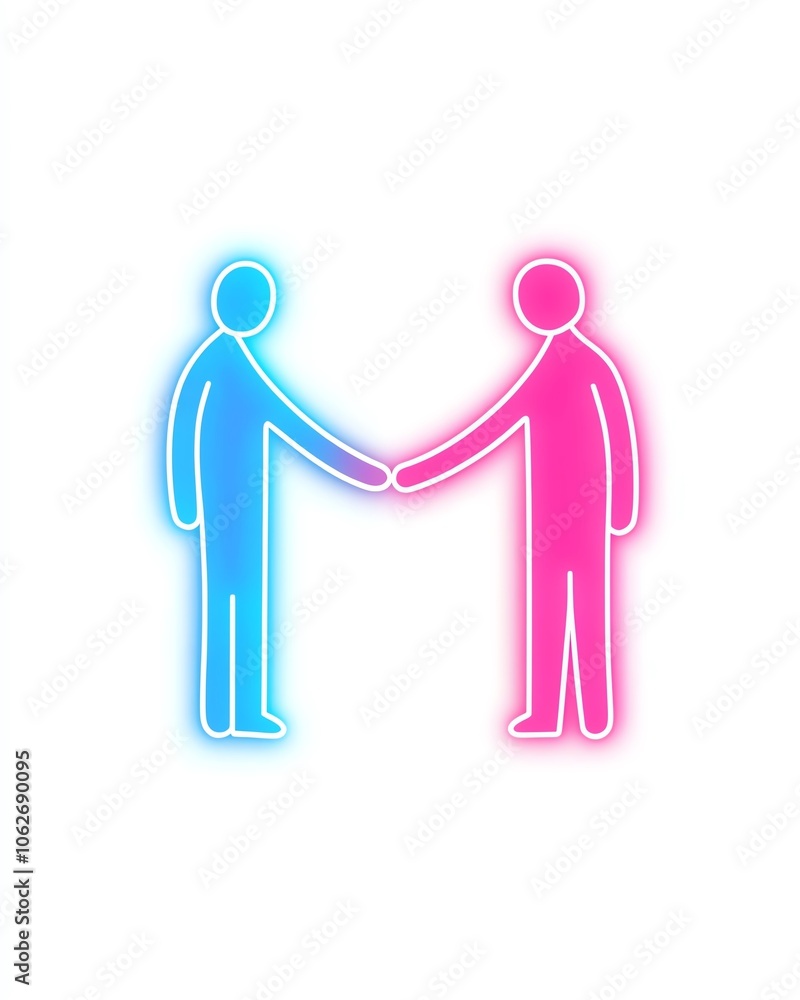 Two figures shaking hands, neon style, white isolated background. Two figures shaking hands, neon style, white isolated background.