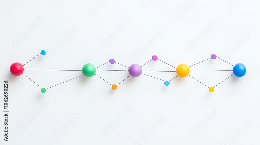 Obraz premium Colorful spheres connected by lines on a white isolated background.