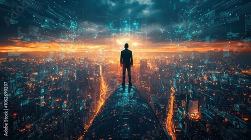 Visionary Leader Overlooking a City Skyline at Dusk