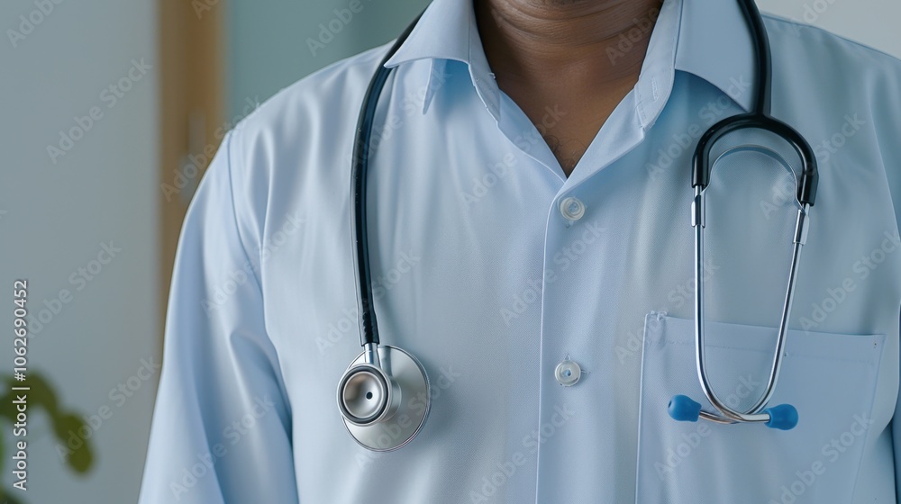 Close-up of a doctor wearing a white coat with a stethoscope around their neck. Close-up of a doctor wearing a white coat with a stethoscope around their neck.