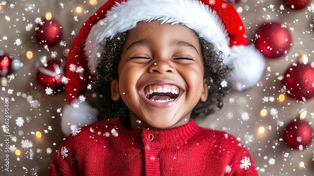 Joyful Child in Santa Hat with Christmas Decor Joyful Child in Santa Hat with Christmas Decor