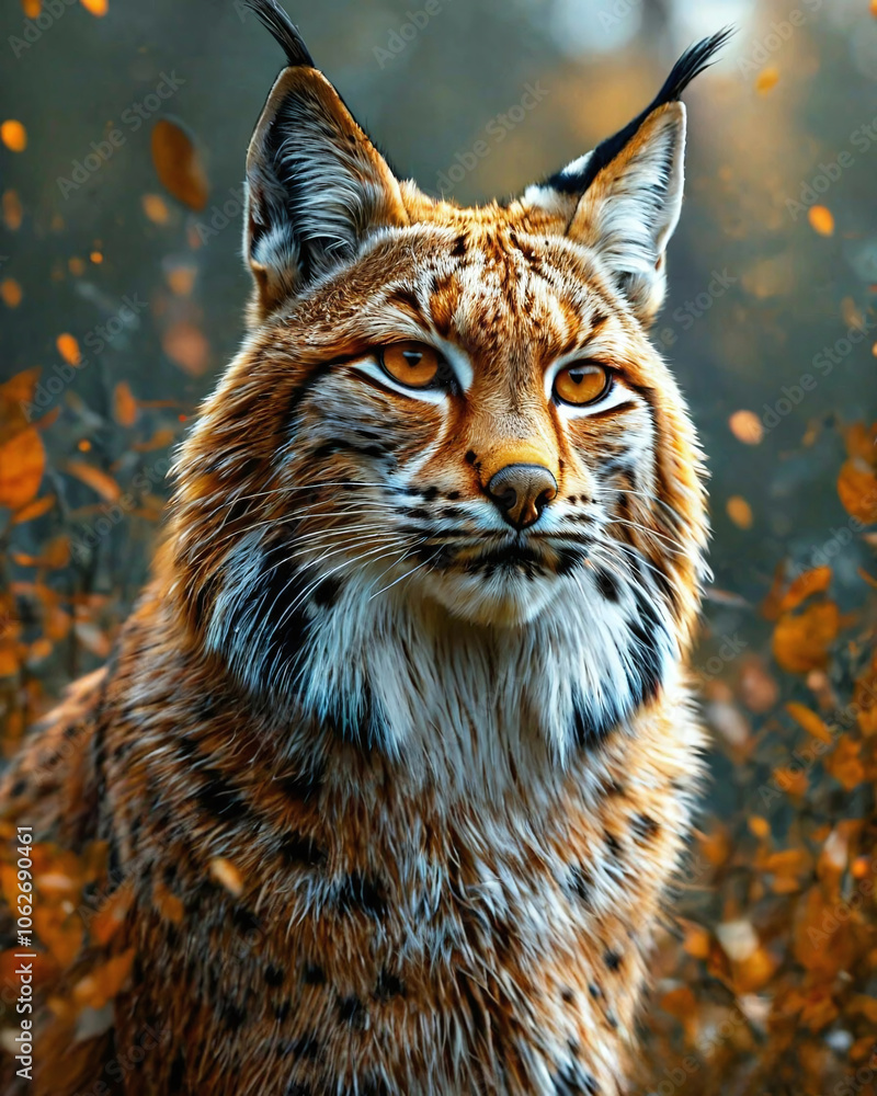 Naklejka premium The image shows a lynx, close-up. She has a thick coat with a spotted color