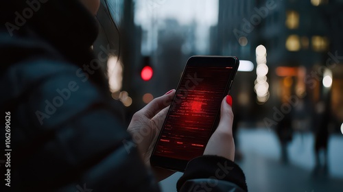 Smartphone Virus Detected. Smartphone showing a warning about a potential virus threat digital red alert flashing on the screen. Malware. Scam. Ransomeware.