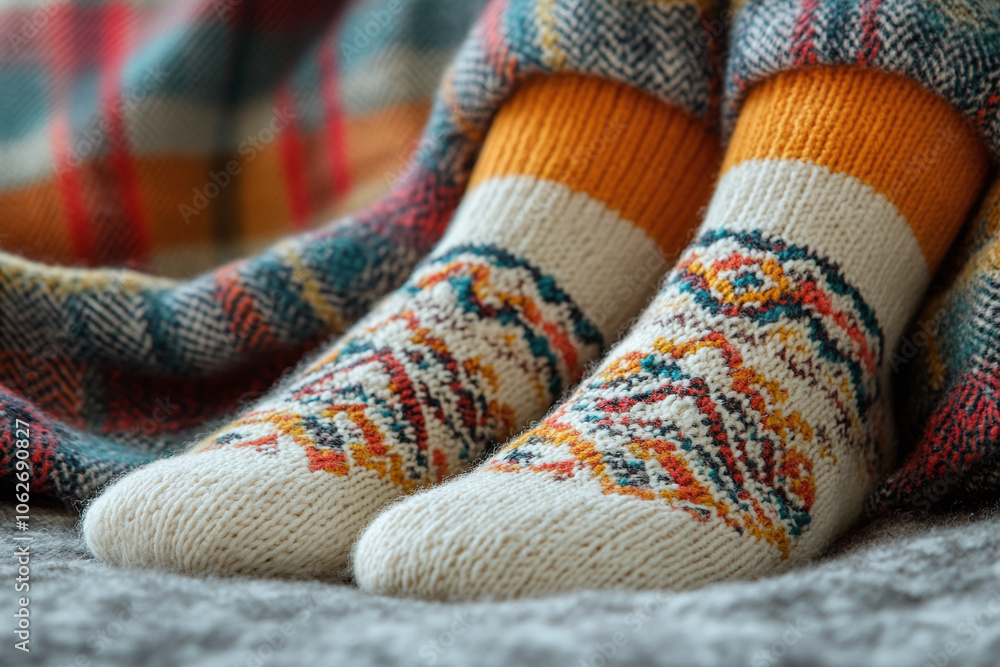 a cozy pair of woolen socks with a plaid blanket in the background. a cozy pair of woolen socks with a plaid blanket in the background.