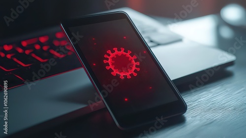 Smartphone Virus Detected. Smartphone showing a warning about a potential virus threat digital red alert flashing on the screen. Malware. Scam. Ransomeware.