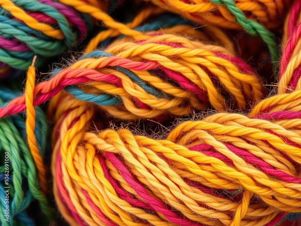Close up of a vibrant and colorful skein of yarn fibers, close up, vibrant, handcraft Close up of a vibrant and colorful skein of yarn fibers, close up, vibrant, handcraft