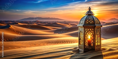 Arabic lamp with desert scene in background, asymmetrical