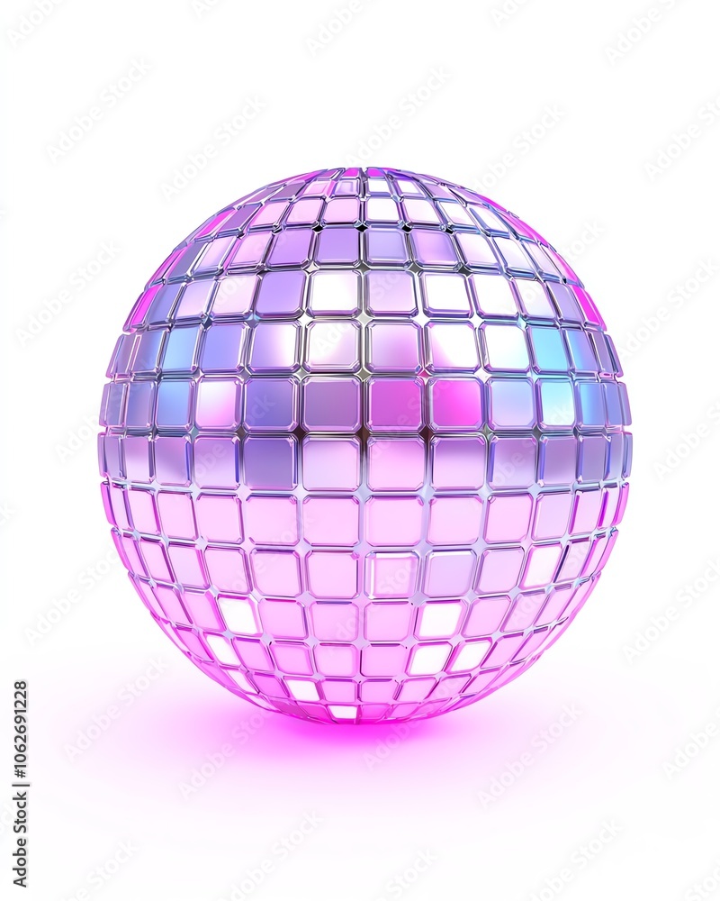 Shiny disco ball with colorful reflections, white isolate background
