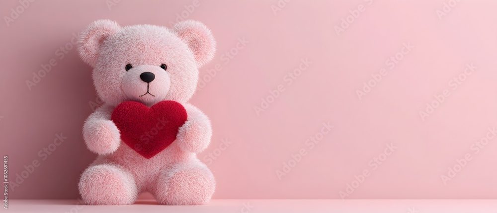 Cute and adorable pink plush teddy bear holding a red heart shaped pillow against a plain pink background This image represents love romance and affection perfect for use in Valentine s Day Cute and adorable pink plush teddy bear holding a red heart shaped pillow against a plain pink background This image represents love romance and affection perfect for use in Valentine s Day