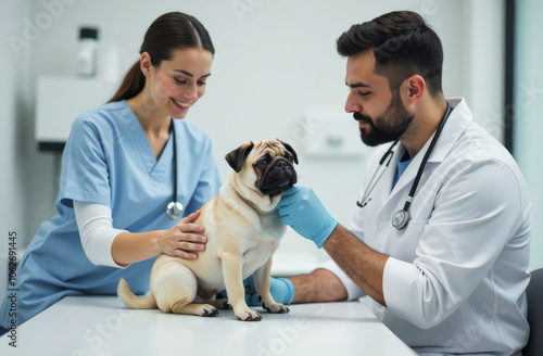 Male vet examines a French bulldog dog in a clinical setting photo