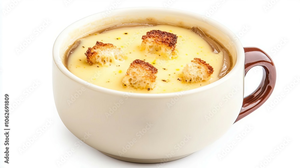 Delicious creamy soup served in a stylish bowl, garnished with crunchy croutons, perfect for warming up on a chilly day. Delicious creamy soup served in a stylish bowl, garnished with crunchy croutons, perfect for warming up on a chilly day.