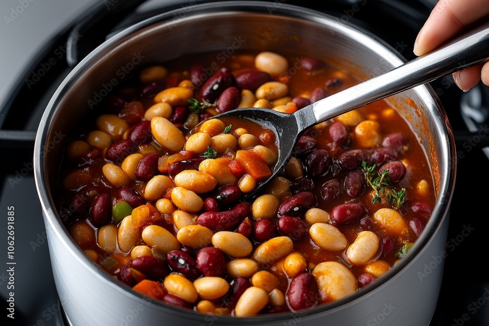 A ladle stirring a pot of chili simmering with beans and spices, creating a hearty, comforting meal on the stove A ladle stirring a pot of chili simmering with beans and spices, creating a hearty, comforting meal on the stove