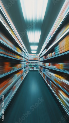 Abstract view of a grocery store aisle with motion blur, creating a sense of speed and focus on consumer goods and retail shopping