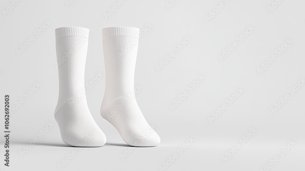 Mock up of white socks on solid white background, showcasing simplicity and style Mock up of white socks on solid white background, showcasing simplicity and style