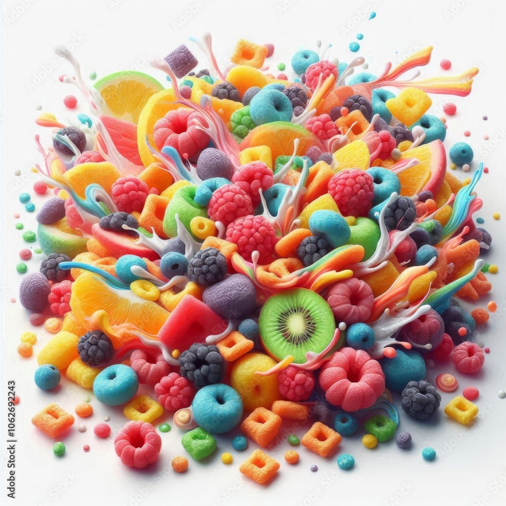 Bright fruit cereal with a clipping path, showcasing colorful pieces on a white background Bright fruit cereal with a clipping path, showcasing colorful pieces on a white background