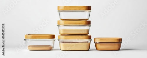 Set of stackable, glass containers with bamboo lids on a white background, perfect for food storage and organization in kitchen. photo