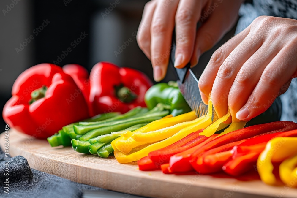A person slicing bell peppers into thin strips, with red, yellow, and green colors vibrant against the cutting board A person slicing bell peppers into thin strips, with red, yellow, and green colors vibrant against the cutting board