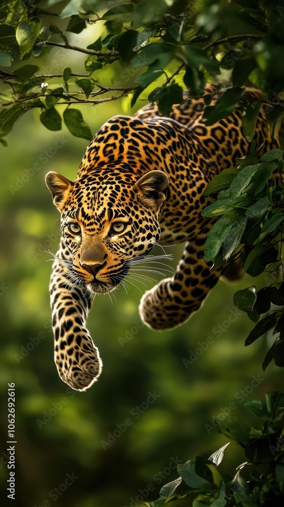 Naklejka premium A sleek leopard mid-leap as it pounces from a high tree branch