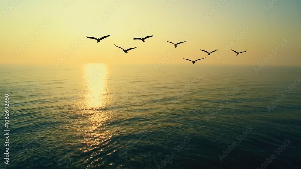 Serene Sunrise Over Calm Ocean with Flying Birds Serene Sunrise Over Calm Ocean with Flying Birds