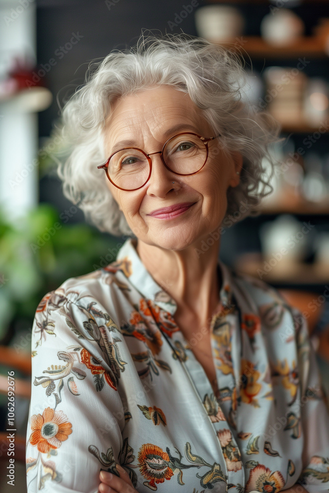 Portrait of a smiling elderly woman with glasses in a modern office setting Portrait of a smiling elderly woman with glasses in a modern office setting