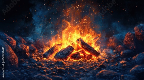 Illustrate the flickering flames and glowing coals of a campfire photo