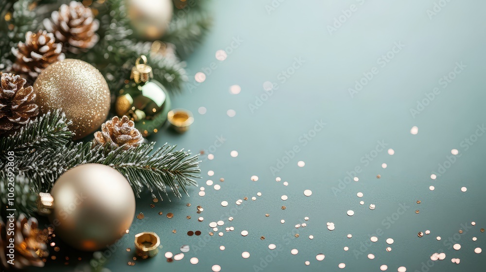 Merry Christmas.Stylish christmas border with festive decorations, confetti, fir branches on green background. Christmas flat lay, seasons greetings card template, space for text. Merry Christmas.Stylish christmas border with festive decorations, confetti, fir branches on green background. Christmas flat lay, seasons greetings card template, space for text.