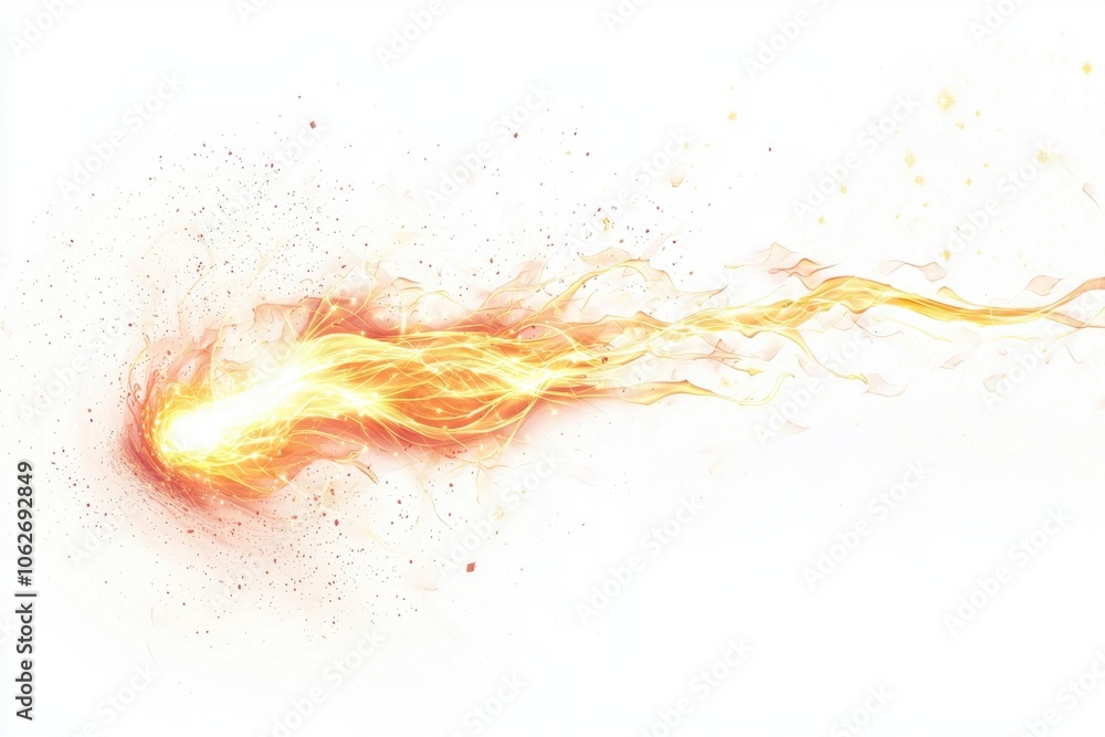 Fototapeta premium A fiery trail of yellow and orange flames with sparks shooting off against a white background.