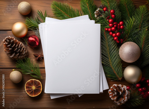 5x7 white paper greeting card mockup background christmas theme pine boughs fir branches with ornaments festive holiday decorations decor on rustic wooden table top