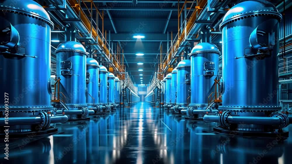 A modern industrial facility features a series of blue tanks lined up neatly, illuminated by overhead lights. The space showcases advanced manufacturing equipment A modern industrial facility features a series of blue tanks lined up neatly, illuminated by overhead lights. The space showcases advanced manufacturing equipment