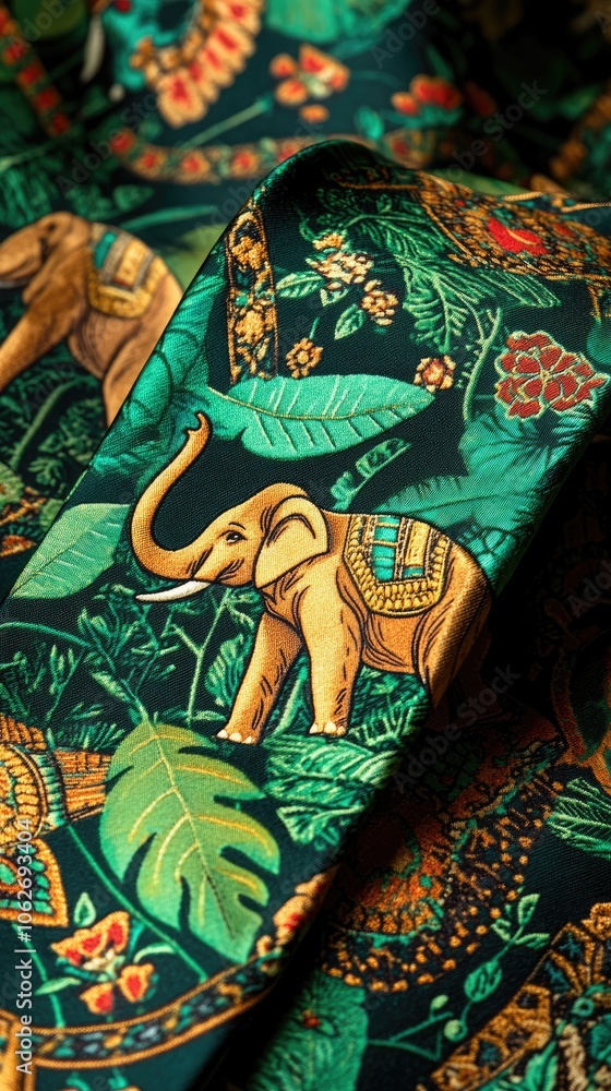 Naklejka premium Vibrant Fabric with Intricate Elephant and Jungle Patterns in Rich Green and Gold Tones