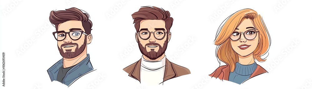 Stylized portraits of three individuals with glasses on a white background. Stylized portraits of three individuals with glasses on a white background.