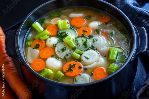 A pot of vegetable soup simmering with carrots, celery, and onions, creating a light, flavorful broth photo