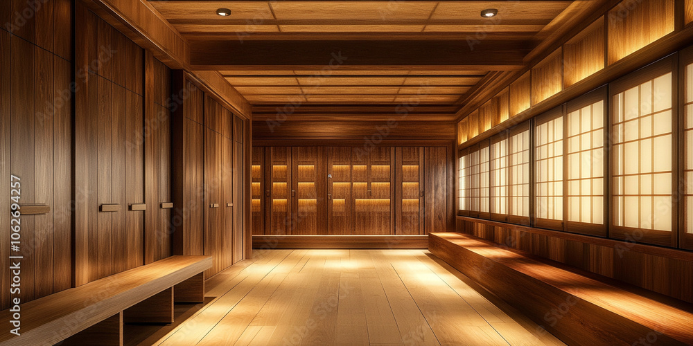 Tranquil Wooden Locker Room with Japanese-Style Windows and Elegant Benches Tranquil Wooden Locker Room with Japanese-Style Windows and Elegant Benches