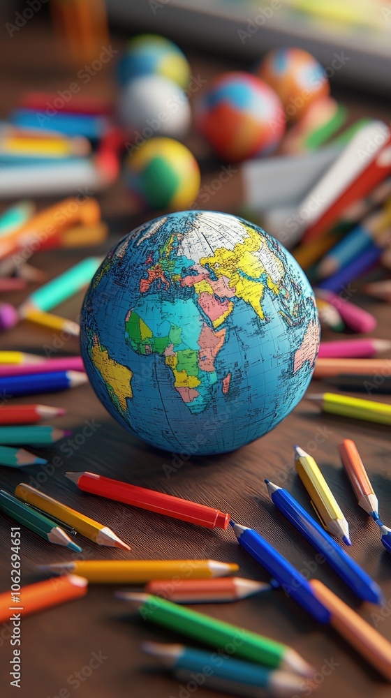 Colorful Globe Surrounded by Vibrant Pencils on Wooden Desk in Creative Educational Setting Colorful Globe Surrounded by Vibrant Pencils on Wooden Desk in Creative Educational Setting