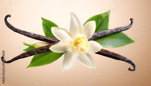 Vanilla pods, green leaves and flowers floating or flying isolated on biege background